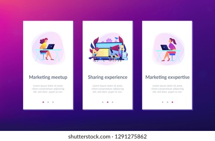 Marketeers learning from fellow professionals at meetup with presentation board. Marketing meetup, sharing experience, marketing expertise concept. Mobile UI UX GUI template, app interface wireframe