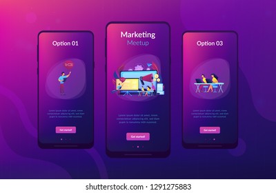 Marketeers learning from fellow professionals at meetup with presentation board. Marketing meetup, sharing experience, marketing expertise concept. Mobile UI UX GUI template, app interface wireframe