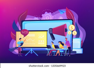 Marketeers learning from fellow professionals at meetup with presentation board. Marketing meetup, sharing experience, marketing expertise concept. Bright vibrant violet vector isolated illustration