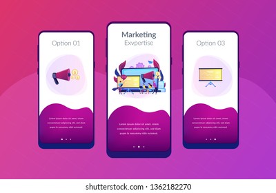 Marketeers learning from fellow professionals at meetup with presentation board. Marketing meetup, sharing experience, marketing expertise concept. Mobile UI UX GUI template, app interface wireframe