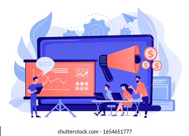 Marketeers learning from fellow professionals at meetup with presentation board. Marketing meetup, sharing experience, marketing expertise concept. Pinkish coral bluevector isolated illustration