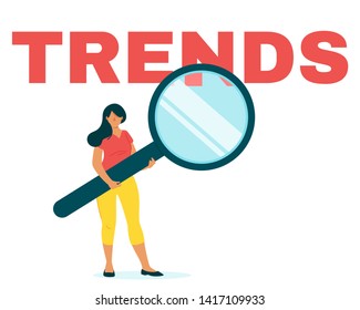 Marketer analyzing Internet trends flat web banner template. SMM, SEO, market future tendency forecasting. Female trader, business analyst with magnifier vector character. Solutions and ideas search