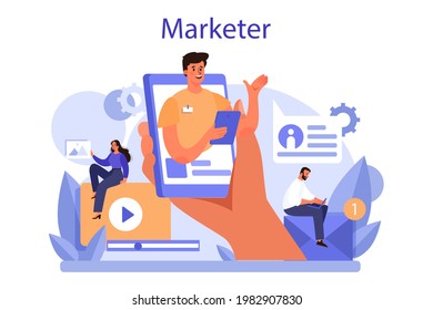 Marketer concept. Advertising and marketing concept. Business strategy and communucation with a customer. Isolated flat vector illustration