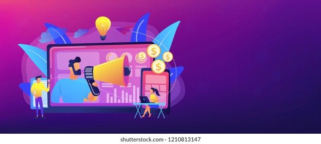 Marketer delivering ads with megaphone and devices. Cross-device marketing, cross-device marketing analysis and strategy concept on white background. Header or footer banner template with copy space.