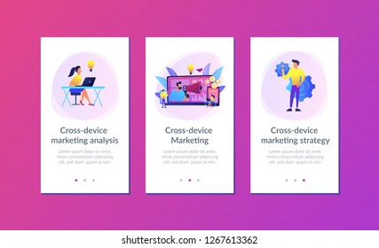 Marketer delivering ads with megaphone and devices. Cross-device marketing, cross-device marketing analysis and strategy concept on white background. Mobile UI UX GUI template, app interface wireframe