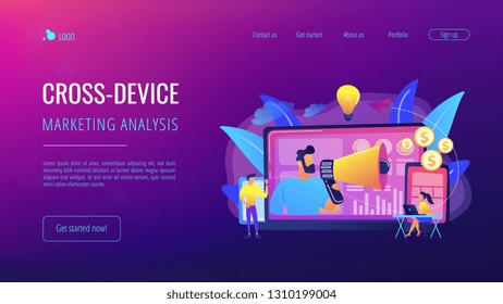 Marketer delivering ads with megaphone and devices. Cross-device marketing, cross-device marketing analysis and strategy concept on white background. Website vibrant violet landing web page template.