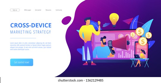 Marketer delivering ads with megaphone and devices. Cross-device marketing, cross-device marketing analysis and strategy concept on white background. Website vibrant violet landing web page template.