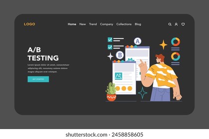 Marketer demonstrates A B Testing on dual web layouts. Comparing design elements, optimizing user experience, and boosting conversion rates. Efficient marketing strategies. Flat vector illustration