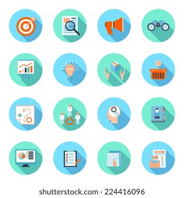 Marketer flat icons set with advertising effectiveness brand analytics product marketing isolated vector illustration