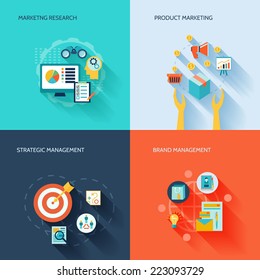 Marketer Flat Icons Set With Marketing Research Product Strategic Brand Management Isolated Vector Illustration