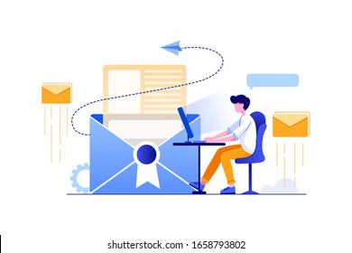 The marketer in front of the screen sending email to customers vector illustration