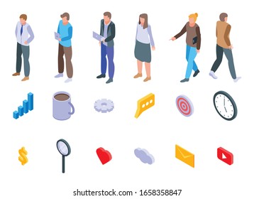 Marketer icons set. Isometric set of marketer vector icons for web design isolated on white background
