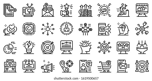 Marketer icons set. Outline set of marketer vector icons for web design isolated on white background