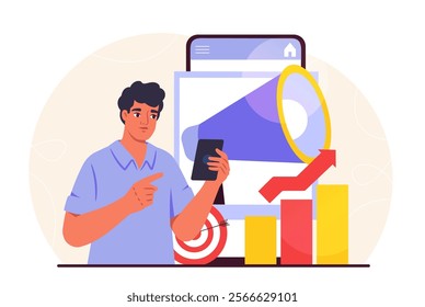 Marketer man concept. Young guy with loudspeaker near charts and graphs. SMM specialist promotes on Internet and social networks. Advertising and marketing. Flat vector illustration