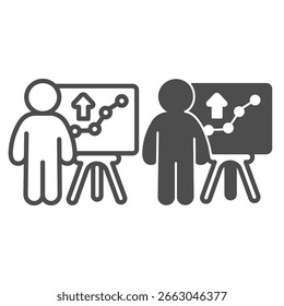 Hombre del comercializador con el gráfico en la línea de la pizarra blanca y el icono sólido, concepto de la tecnología financiera. Gráficos de Vector. Crecimiento del mercado y signo de marketing sobre fondo blanco, icono de estilo de contorno para móvil o Diseño web