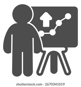 Marketer man with graph on whiteboard solid icon, financial tech concept. Vector graphics. Market growth and marketing sign on white background, glyph style icon for mobile or web design