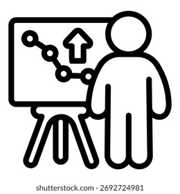 Marketer Mann mit Graph auf Whiteboard-Linie Symbol, Finanz-Tech-Konzept. Vektorgrafiken. Marktwachstum und Marketing-Zeichen auf weißem Hintergrund, Umrissstil-Symbol für mobiles oder Web-Design