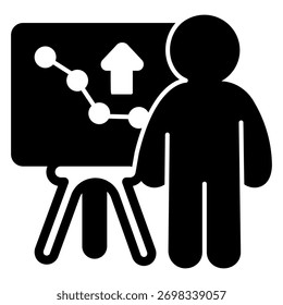 Homem de Marketer com gráfico no ícone sólido quadro branco, conceito de tecnologia financeira. Gráficos vetoriais. Crescimento do mercado e sinal de marketing no fundo branco, ícone de estilo de glifo para design móvel ou web