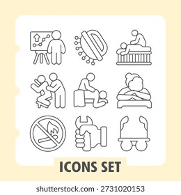 Marketer, masseur, match ban simple icons set depicting leisure, healthcare, lifestyle and daily activities items in outline style for apps and print on white background. Set of nine thin line icons