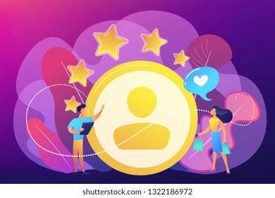 Marketer para medir la satisfacción del cliente y las estrellas de clasificación. Análisis de satisfacción y fidelidad, aumento de retención de clientes, concepto de herramientas de marketing. Ilustración aislada del vector violeta brillante brillante brillante brillante