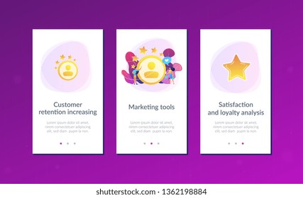 Marketer measuring customer satisfaction and rating stars. Satisfaction and loyalty analysis, customer retention increasing, marketing tools concept. Mobile UI UX GUI template, app interface wireframe