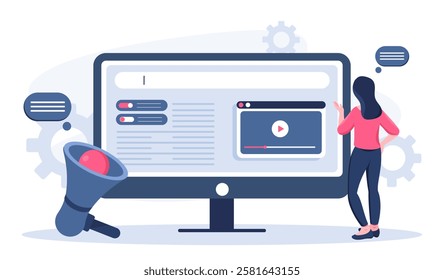 Marketer online concept. Woman with loudspeaker near computer monitor. Internet promotion and marketing. SMM and SEO specialist at workplace. Online business. Flat vector illustration