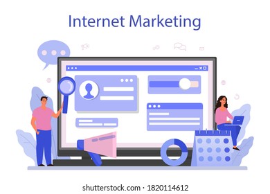 Marketer online service or platform. Advertising and marketing concept. Business strategy and communucation. Internet marketing. Flat vector illustration