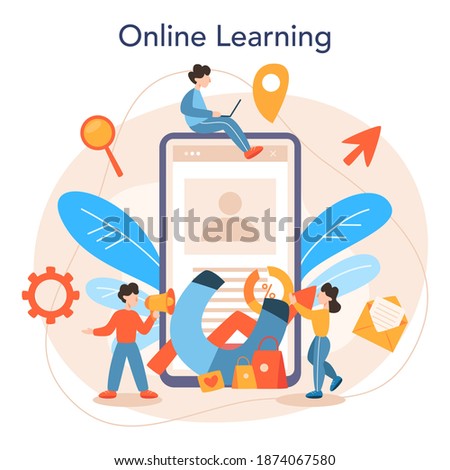 Marketer online service or platform. Advertising and marketing concept. Business strategy and communucation with a customer. Online learning. Flat vector illustration