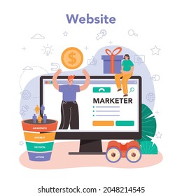 Servicio o plataforma online de Marketer. Publicidad y promoción de marcas o productos. Especialista en desarrollo de estrategia de marketing. Sitio web. Ilustración vectorial plana