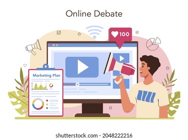 Marketer Online Service Or Platform. Marketing Strategy And Communucation With A Customer By Social Media. Online Debate. Flat Vector Illustration