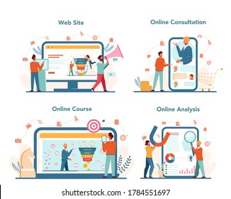 Marketer online service or platform set. Advertising and marketing concept. Business strategy and communucation through media. Website, online consultation, education, analysis. Vector illustration