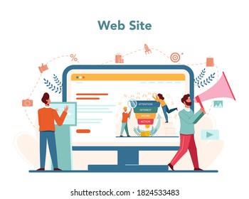 Marketer online service or platform set. Advertising and marketing concept. Business strategy and communucation through media. Website. Isolated flat vector illustration