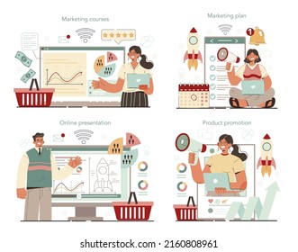 Marketer online service or platform set. Brand or product launching and promotion. Marketing strategy. Online presentation, product promotion, marketing plan, course. Flat vector illustration