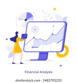 Marketer researching commercial data online using computer. Financial analysis concept flat vector illustration. Businesswoman with laptop collecting information cartoon character color composition