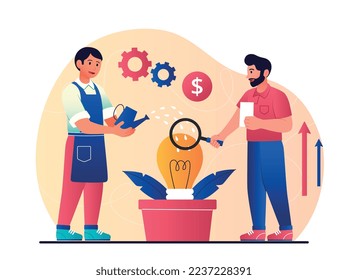 Marketer and seller. Man watering light bulb, his partner or colleague with magnifying glass staring at idea. Financial literacy and passive income, brainstorm. Cartoon flat vector illustration