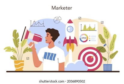 Marketersatz. Marketingstrategie und Kommunikation mit einem Kunden durch soziale Medien. Unternehmensförderung, Preisstrategie, Markttrends-Analyse. Flache Vektorgrafik