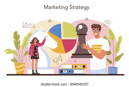 Marketer set. Marketing strategy and communucation with a customer by social media. Company promotion, pricing strategy, market trends analysis. Flat vector illustration