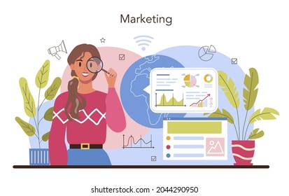 Marketer set. Estrategia de marketing y comunicación con un cliente a través de las redes sociales. Promoción de empresas, estrategia de precios, análisis de tendencias de mercado. Ilustración vectorial plana