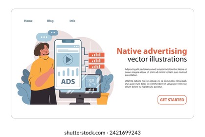 A marketer stands proudly by a smartphone showcasing a native ad, symbolizing the seamless integration of advertising with user content in the digital space.