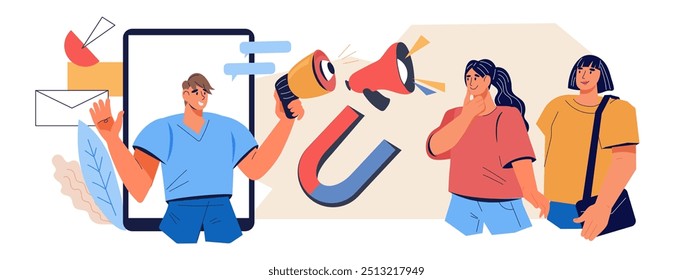 Marketer studying focus group of customers and clients. Social media management and SMM strategy, flat vector illustration isolated on white background.