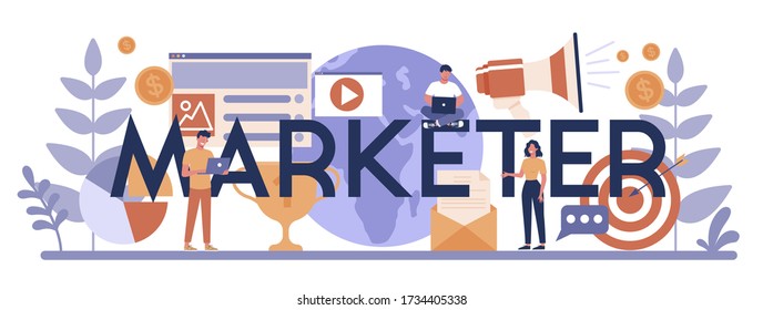 Marketer typographic header concept. Business promotion, customer communication and product advertising through social networks. SEO, SEM. Flat vector illustration