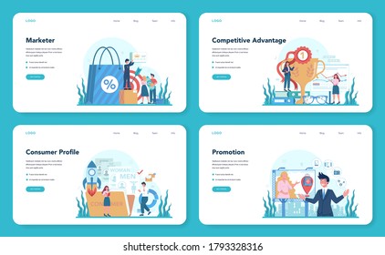 Marketer web banner or landing page set. Advertising and marketing concept. Business strategy and communucation with a customer. Isolated flat vector illustration