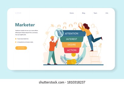 Marketer web banner or landing page. Advertising and marketing concept. Business strategy and communucation through media. Isolated flat vector illustration