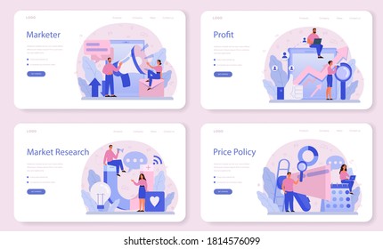 Marketer web banner or landing page set. Advertising and marketing concept. Business strategy and communucation with a customer. Isolated flat vector illustration