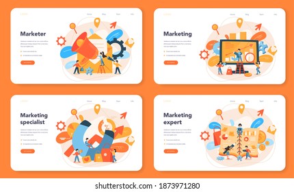 Marketer web banner or landing page set. Advertising and marketing concept. Business strategy and communucation with a customer. Isolated flat vector illustration