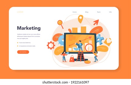 Banner web de Marketer o página de inicio. Publicidad y concepto de marketing. Estrategia de negocio y comunicación con un cliente. Ilustración vectorial plana aislada