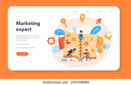 Marketer web banner or landing page. Advertising and marketing concept. Business strategy and communucation with a customer. Isolated flat vector illustration