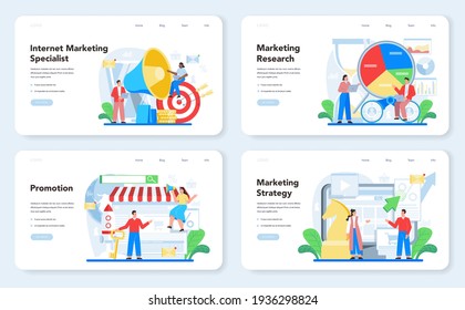 Marketer web banner or landing page set. Advertising and promotion.
