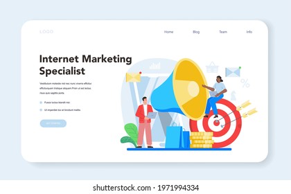 Marketer web banner or landing page. Advertising and promotion. Marketing strategy and communucation with a customer. Isolated flat vector illustration