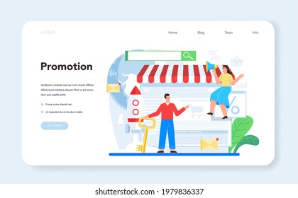 Marketer web banner or landing page. Advertising and promotion. Marketing strategy and communucation with a customer. Isolated flat vector illustration